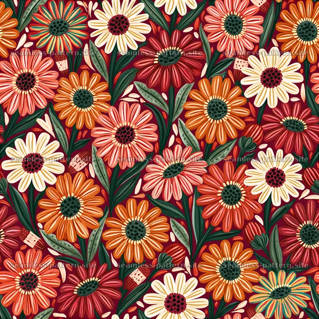 Vibrant flowers in a seamless pattern with leaves on a dark background — seamless tileable pattern