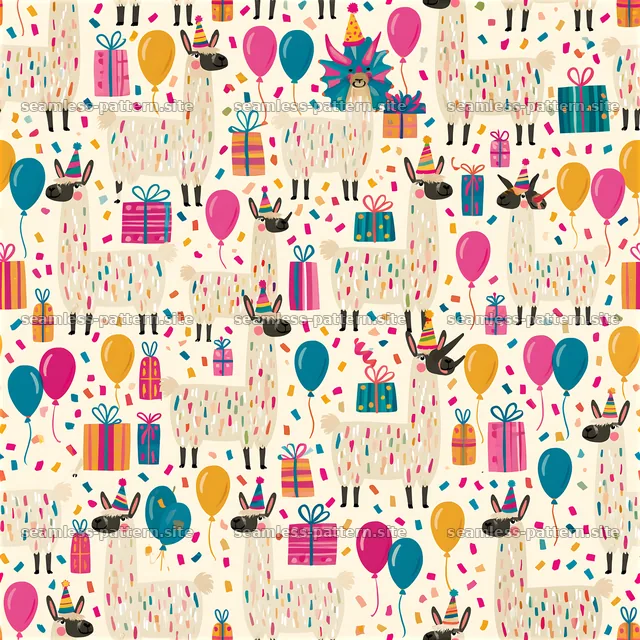 Colorful llamas with balloons and gifts for festive designs — seamless tileable pattern