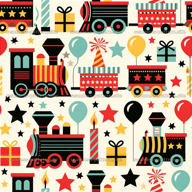 Birthday trains seamless pattern for festive celebrations — seamless tileable pattern