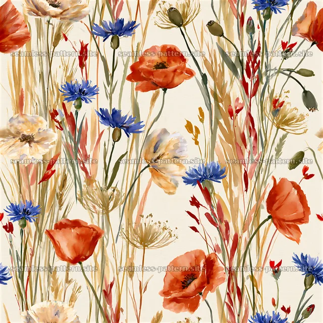 Watercolor floral repeating pattern with red and blue flowers — seamless tileable pattern