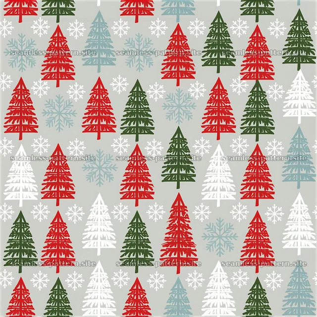 Seamless Christmas tree and snowflake pattern with red and green trees — seamless tileable pattern