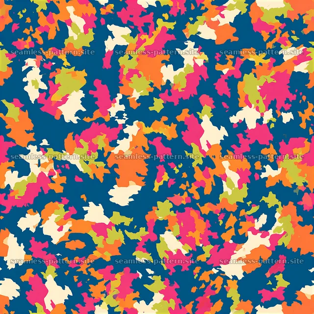Colorful camouflage fabric repeat pattern in bright tones — seamless tileable pattern