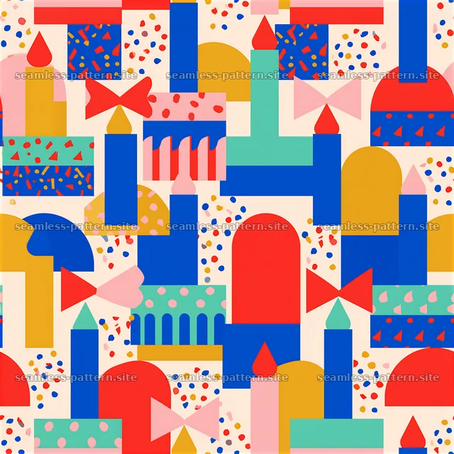Birthday children’s clothing repeat pattern with colorful shapes — seamless tileable pattern