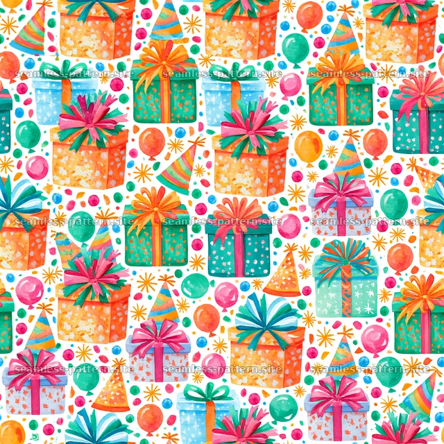 Birthday watercolor seamless pattern with gifts and festive elements — seamless tileable pattern