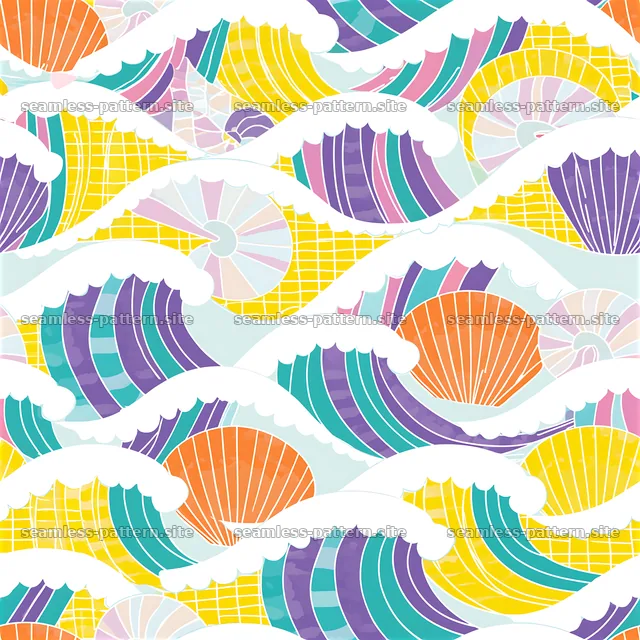 Colorful Seashells and Ocean Waves Seamless Pattern — seamless tileable pattern