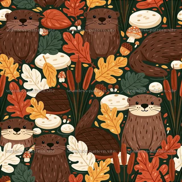 Cute otter autumn woodland seamless pattern — seamless tileable pattern