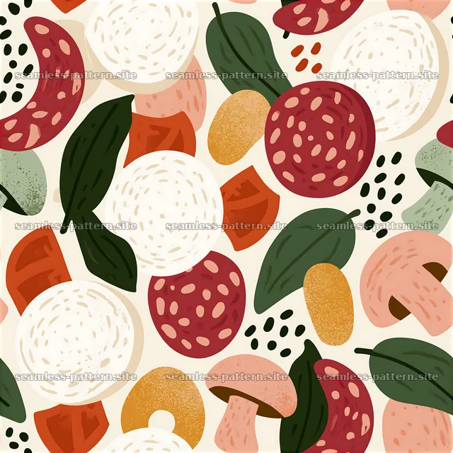 Seamless pizza toppings pattern featuring various ingredients and — seamless tileable pattern