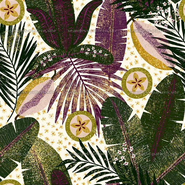 Colorful tropical botanical seamless pattern with exotic leaves — seamless tileable pattern