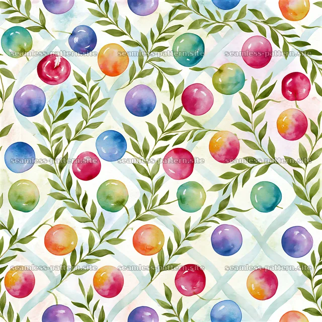 Rainbow cherries seamless pattern with colorful fruits and green — seamless tileable pattern