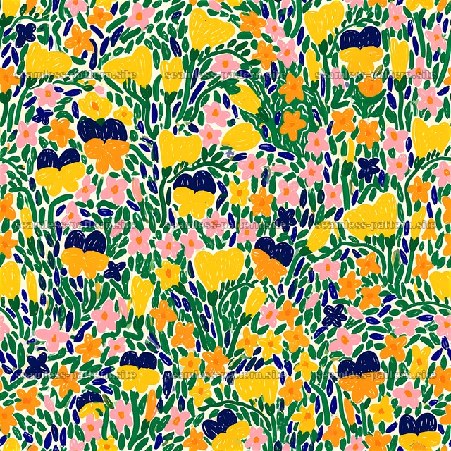 Colorful flowers form a vibrant seamless pattern with bold shapes — seamless tileable pattern