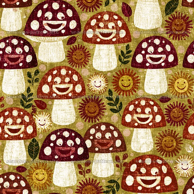 Bright mushroom and sun pattern perfect for kids' designs — seamless tileable pattern