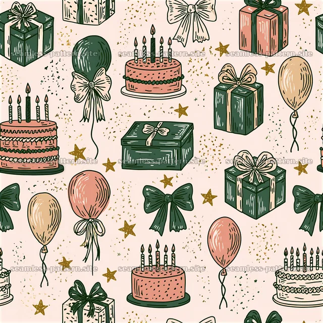 Birthday hand-drawn seamless pattern with gifts, balloons, and cakes — seamless tileable pattern