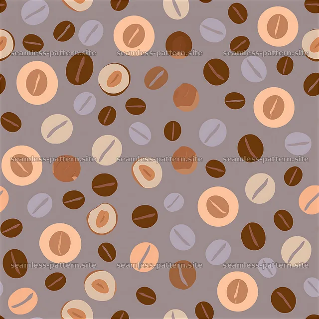 Seamless coffee beans and hazelnuts pattern with circular elements — seamless tileable pattern