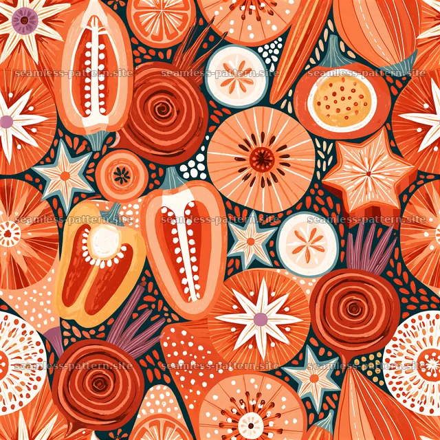 Colorful seamless pattern with various vegetables and abstract shapes — seamless tileable pattern