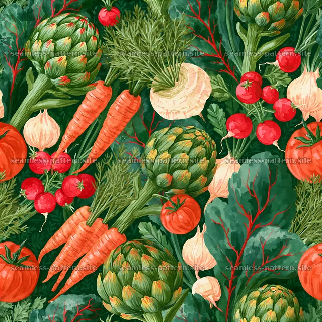 Colorful kitchen seamless pattern featuring vegetables and herbs — seamless tileable pattern