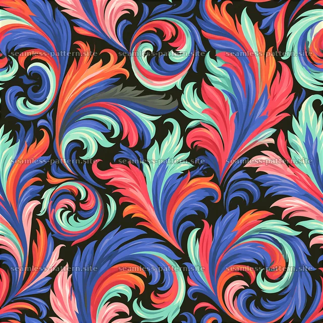 Colorful damask seamless pattern in swirling shapes and flowing lines — seamless tileable pattern