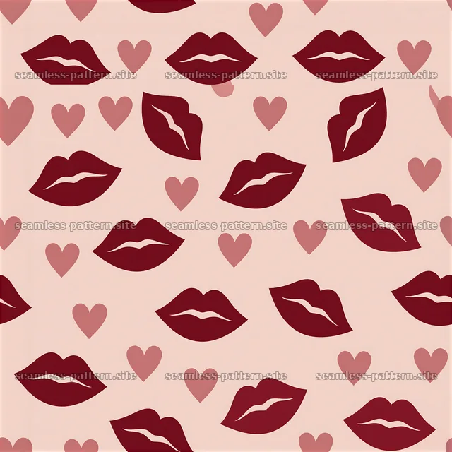 Repeating pattern with elegant lip illustrations and small hearts — seamless tileable pattern