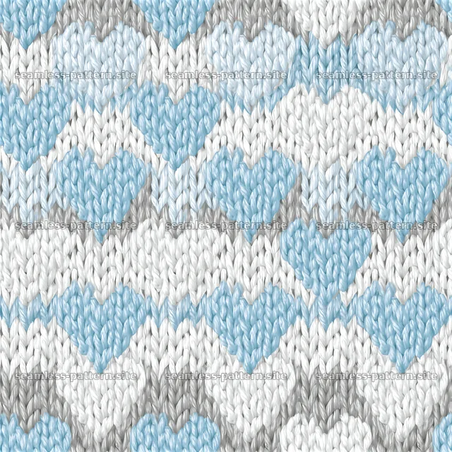 Light blue and gray heart knitted pattern on white background — seamless tileable pattern