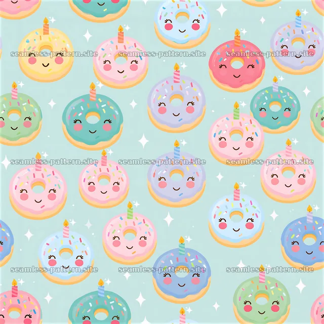 Birthday cute kawaii seamless pattern with colorful donuts and — seamless tileable pattern
