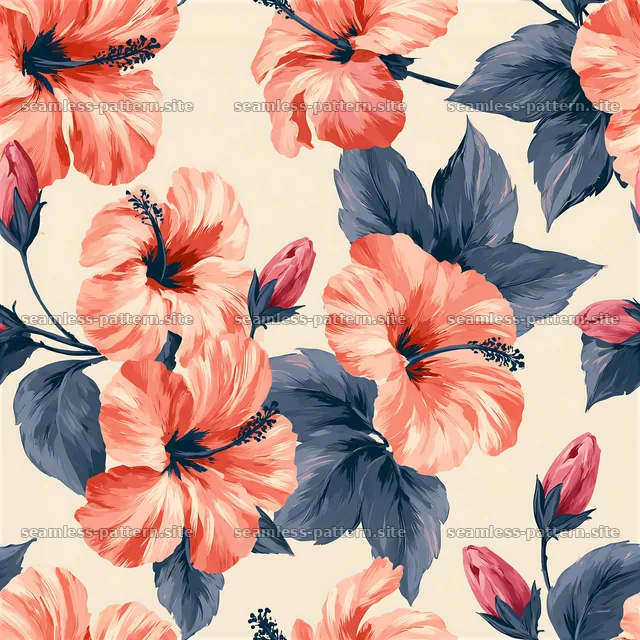 Vibrant Coral Hibiscus Floral Seamless Pattern — seamless tileable pattern