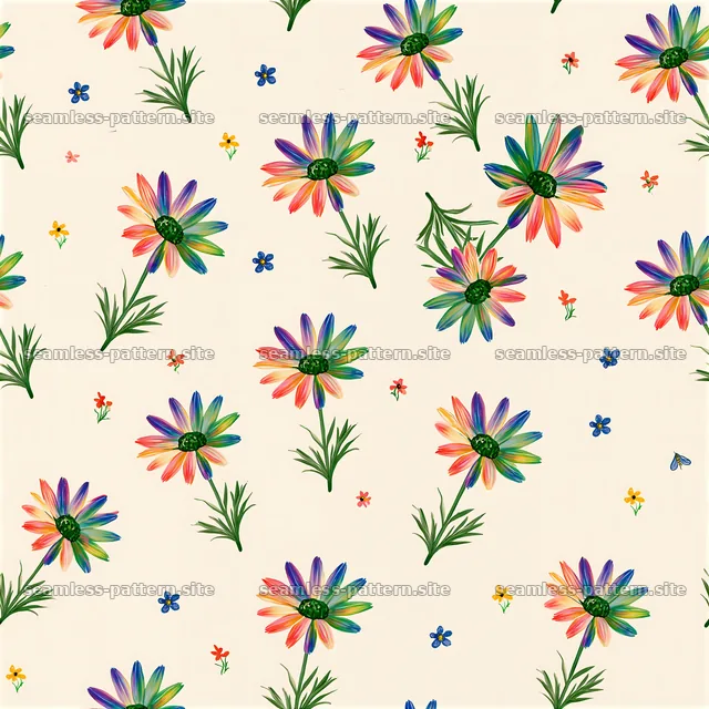 Rainbow flower tileable pattern with colorful blooms and green leaves — seamless tileable pattern