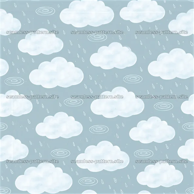 Cute clouds with rain in a seamless design on a light blue background — seamless tileable pattern