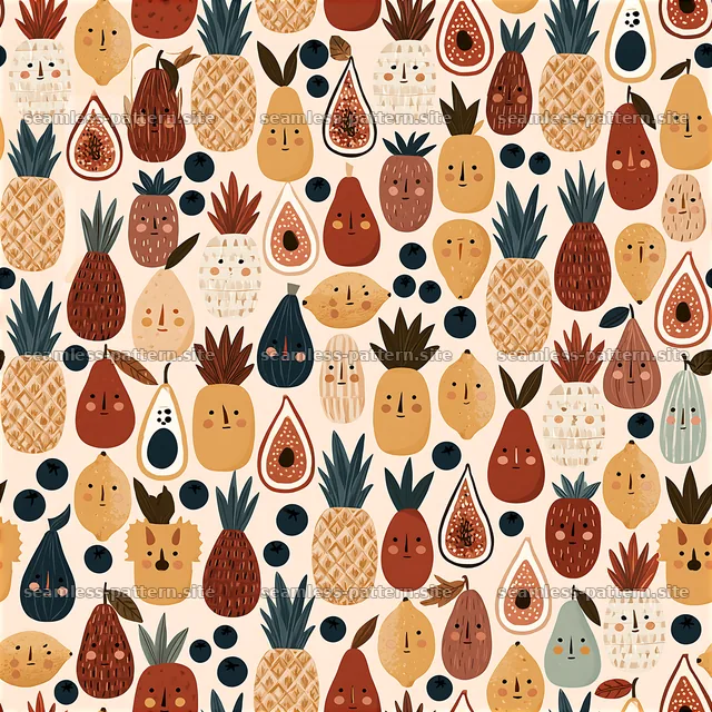 Colorful fruit faces seamless pattern for playful designs — seamless tileable pattern