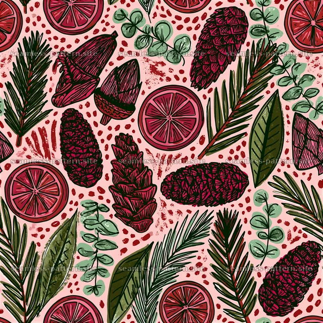 Seamless Christmas citrus and pine botanical pattern — seamless tileable pattern