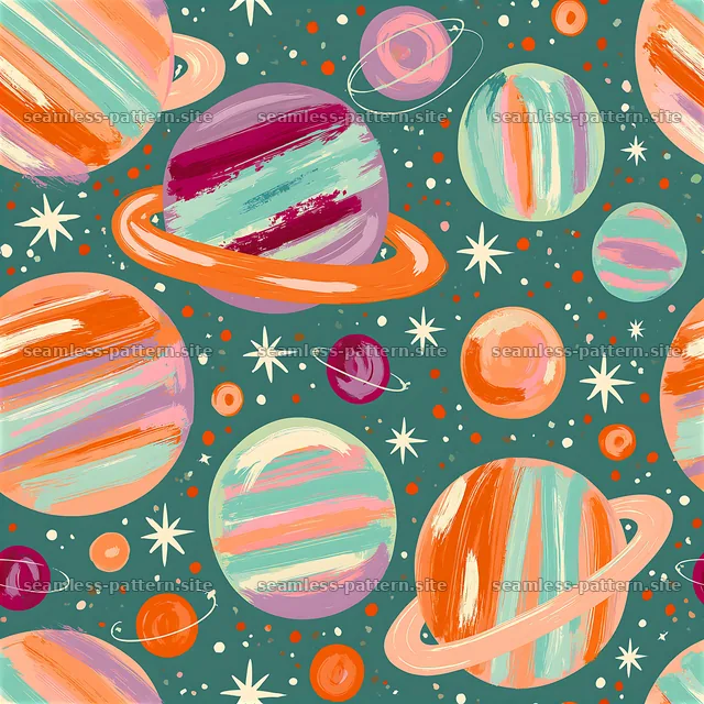 Colorful Planet Seamless Pattern with Rings and Stars — seamless tileable pattern