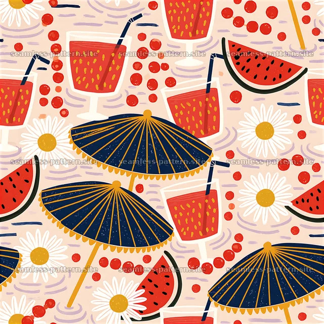 Colorful summer seamless pattern with drinks, fruit, and umbrellas — seamless tileable pattern