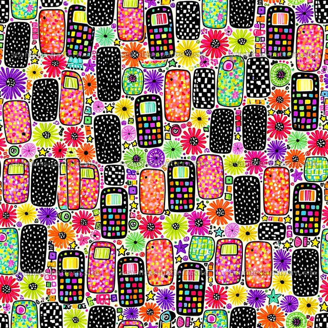 Colorful Retro Cell Phone and Flower Seamless Pattern — seamless tileable pattern