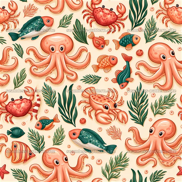 Cute Ocean Animals Seamless Pattern with Fish and Octopuses — seamless tileable pattern