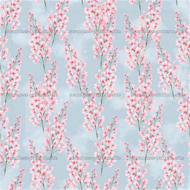 Seamless watercolor cherry blossom pattern on light blue background — seamless tileable pattern