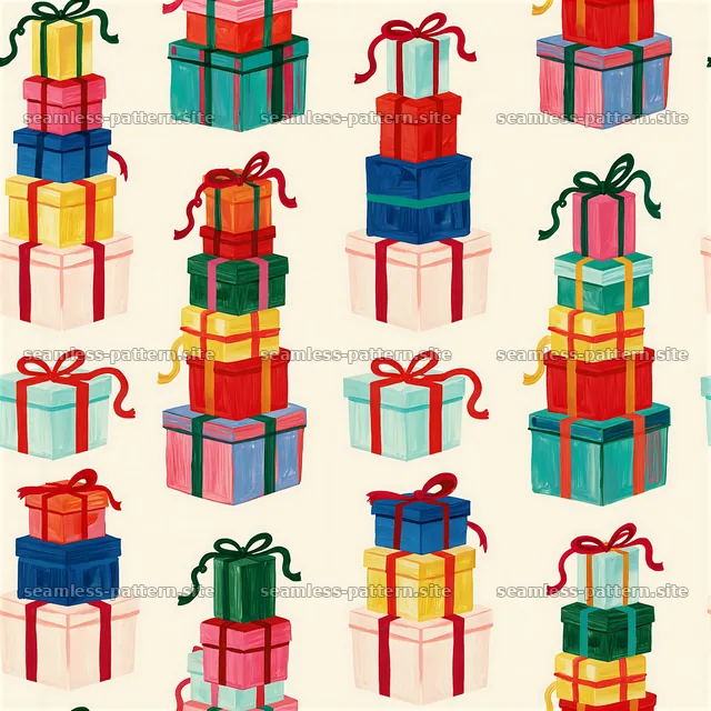 Repeat pattern with colorful present stacks on a light background — seamless tileable pattern