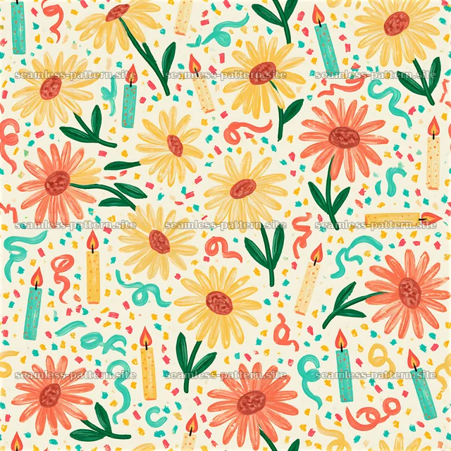 Birthday floral repeat pattern seamless pattern design with candles and confetti — seamless tileable pattern