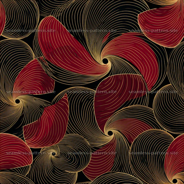Petal swirl black red gold repeat pattern creates an elegant look — seamless tileable pattern
