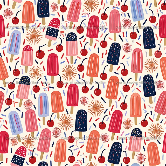 Colorful Ice Cream Popsicle and Cherry Seamless Pattern — seamless tileable pattern
