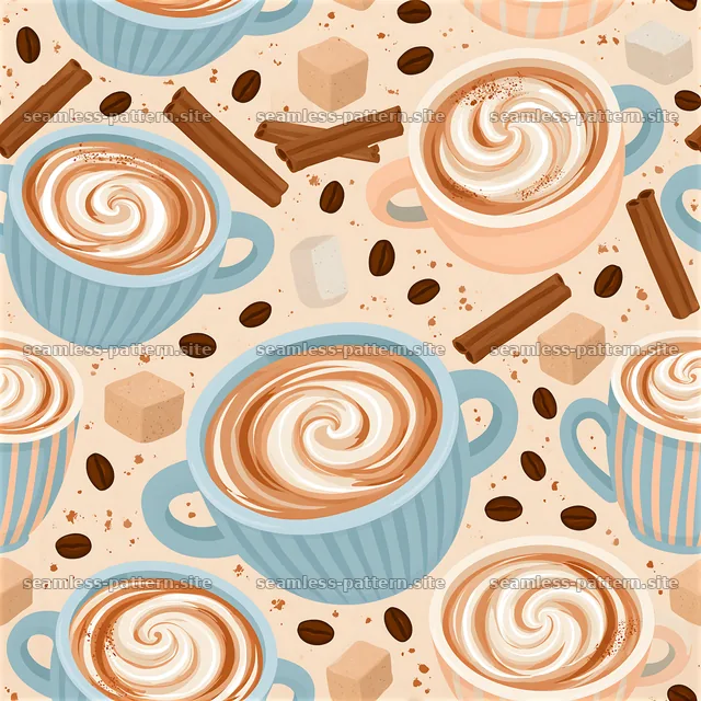 Pastel Coffee Cup and Cinnamon Seamless Pattern — seamless tileable pattern