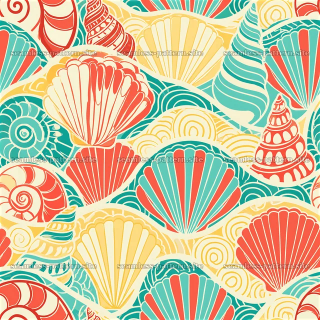 Colorful seamless pattern of ocean shells in various shapes — seamless tileable pattern