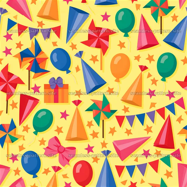 Colorful party elements in a bright pattern for festive occasions — seamless tileable pattern