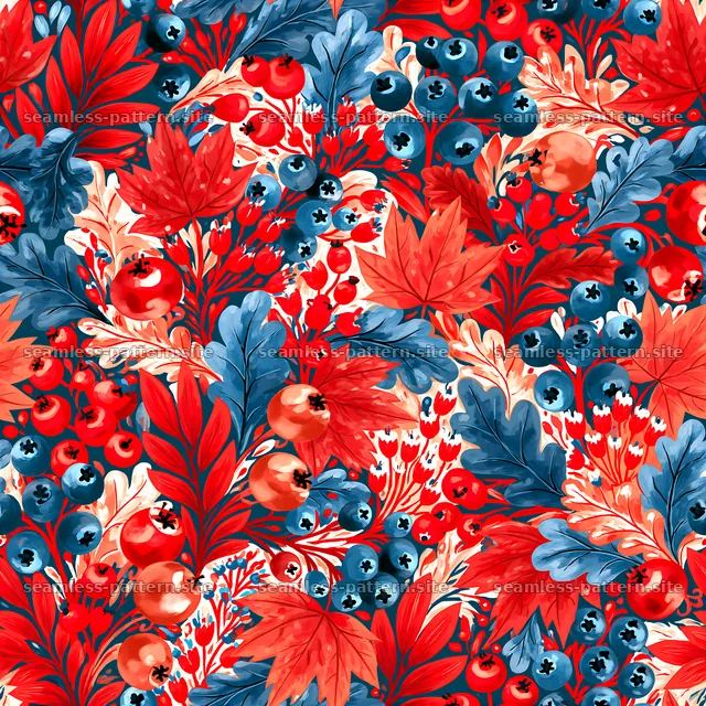 Colorful Botanical Berry and Maple Leaf Pattern — seamless tileable pattern