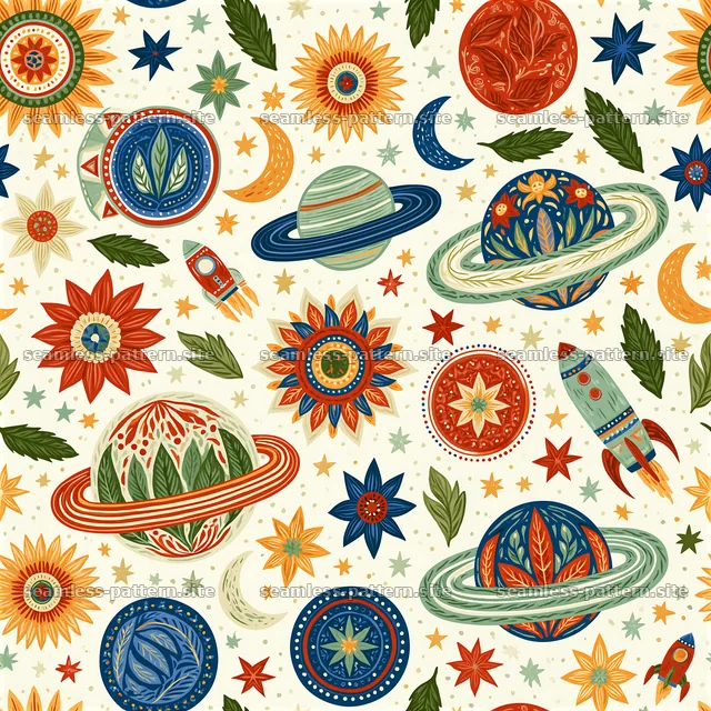 Colorful space seamless pattern with planets, rockets, and stars — seamless tileable pattern