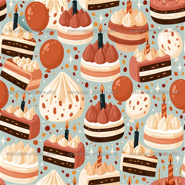 Birthday Dessert Seamless Pattern with Cakes and Candles — seamless tileable pattern