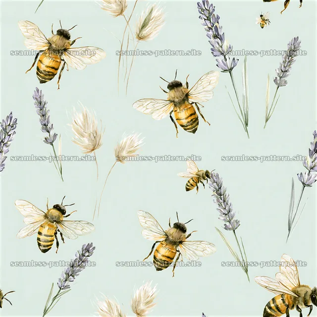 Seamless watercolor bee pattern with lavender and grasses — seamless tileable pattern