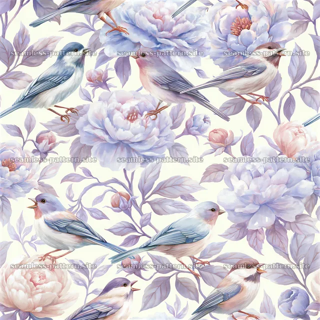 Romantic birds repeat pattern with flowers in pastel colors — seamless tileable pattern