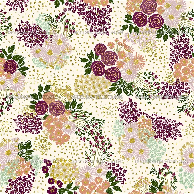 Floral design with various flowers in soft colors and green leaves — seamless tileable pattern
