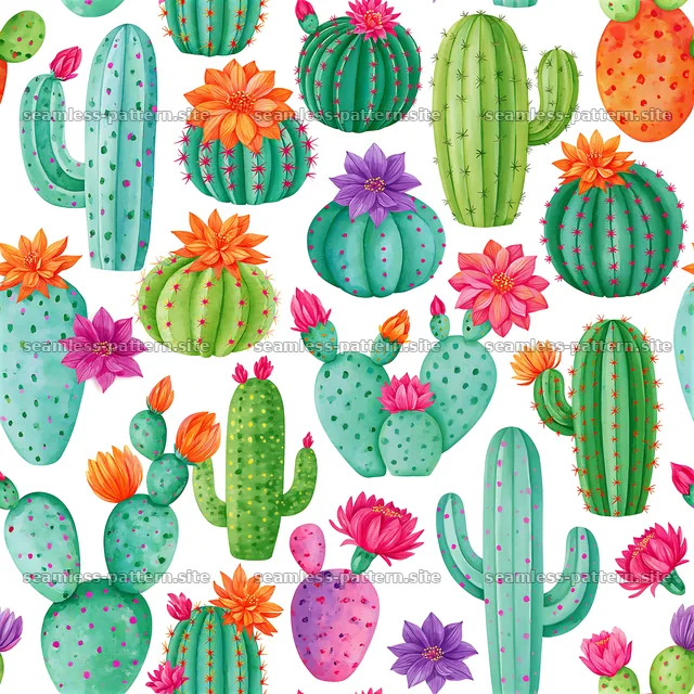 Vibrant Watercolor Cactus and Flower Pattern — seamless tileable pattern