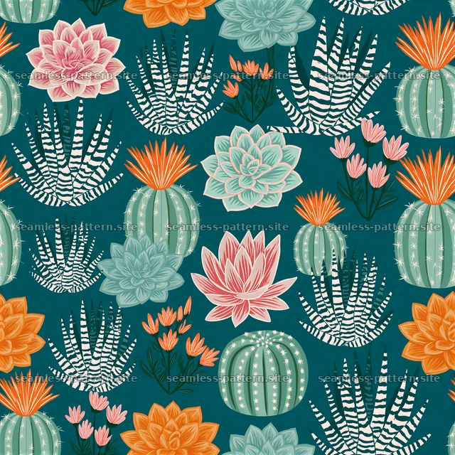 Bright succulent plants repeat pattern with green and orange hues — seamless tileable pattern