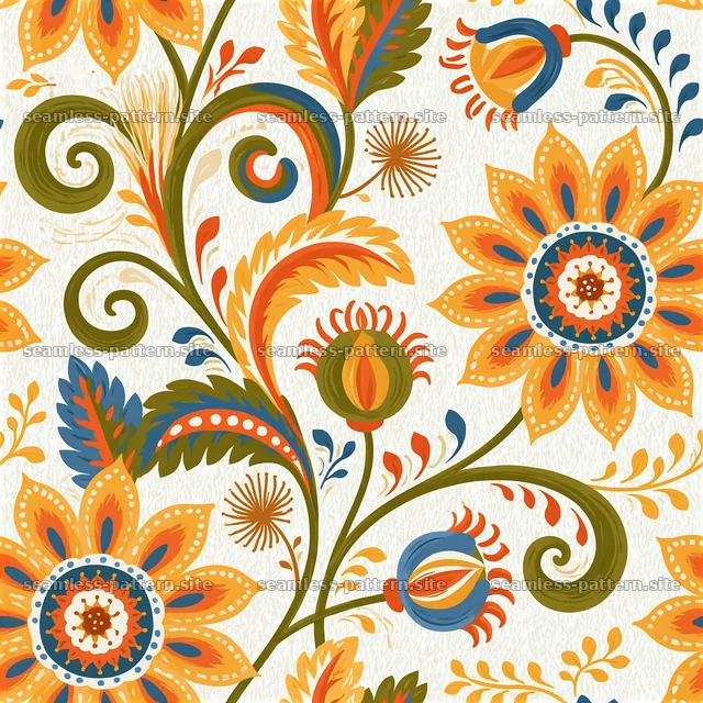 Colorful floral design with swirls and bold patterns in warm tones — seamless tileable pattern