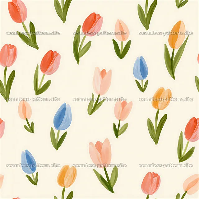 Cute tulips seamless pattern with various colors of flowers and green — seamless tileable pattern